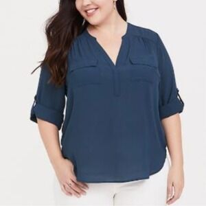Torrid Teal Blue Collared Roll Tab Sleeve Pocket Blouse Top Size 1
